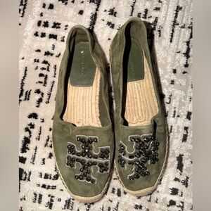 Tory Burch Olive Suede Espadrilles with Black Beaded Logo